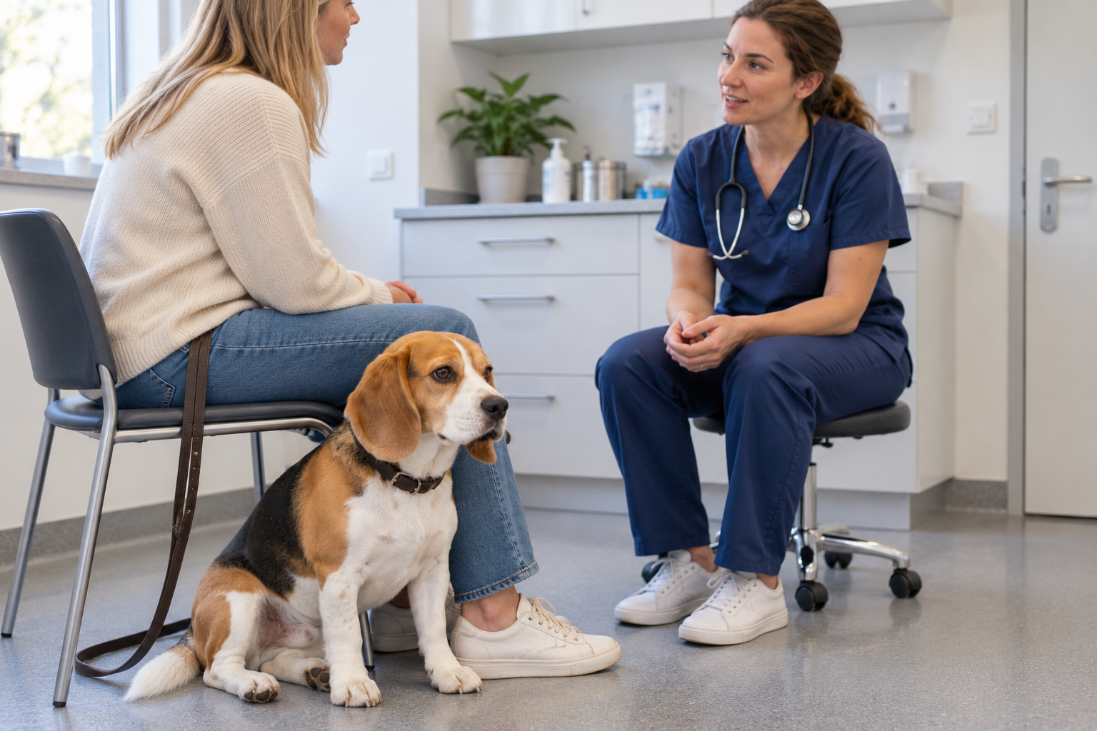 Veterinárka vysvetľuje majiteľke ďalší postup pri ochorení psa